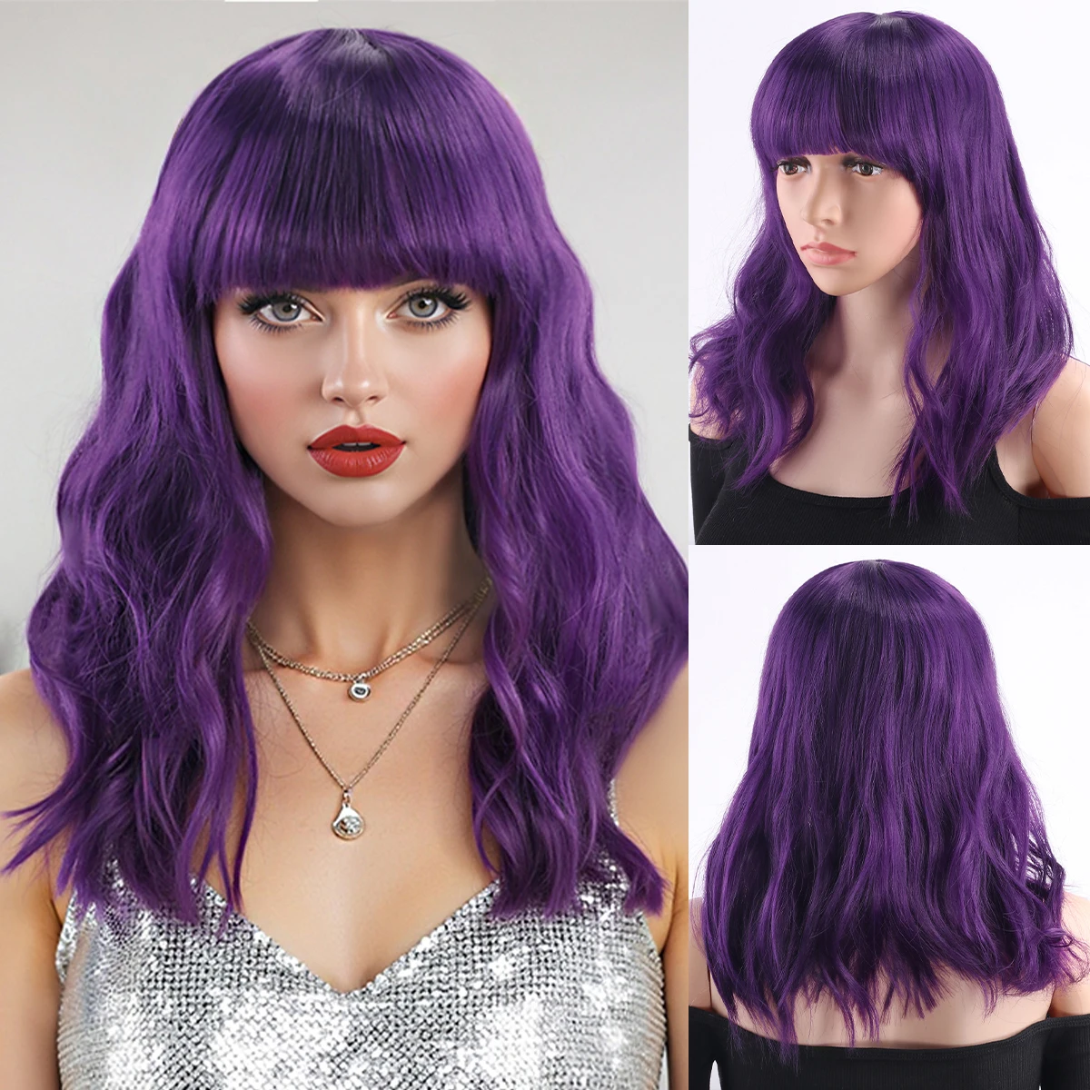 

40cm Purple Water Wave Loose Curly Synthetic Fiber Wig