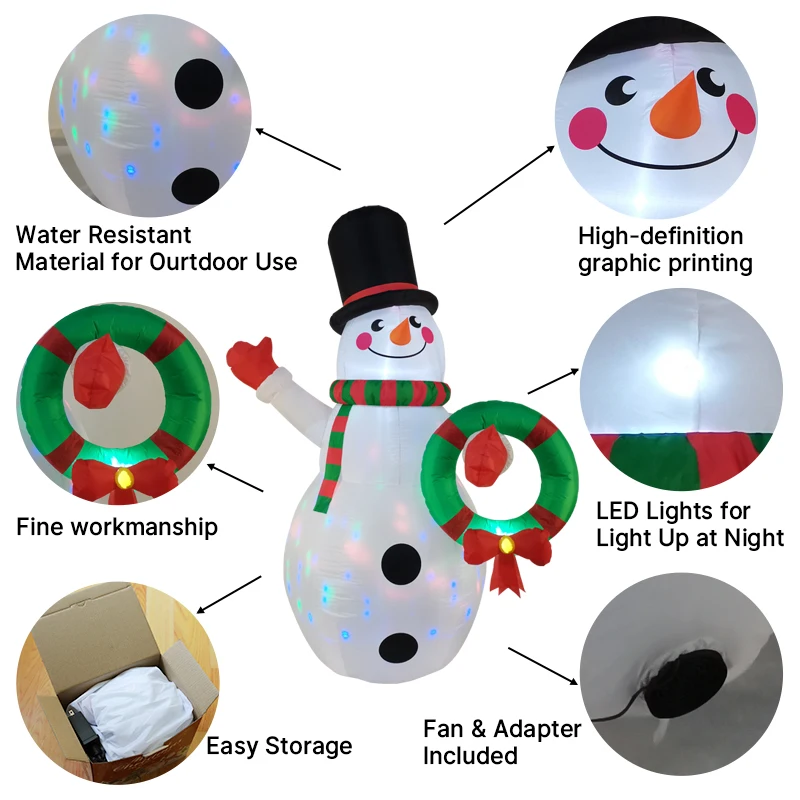 2.4M/7.8FT 크리스마스 장식용 인플레이터블 장난감 눈사람 화환 장식 잔디밭 집 마당 장식 LED 장식 크리스마스 파티 장난감