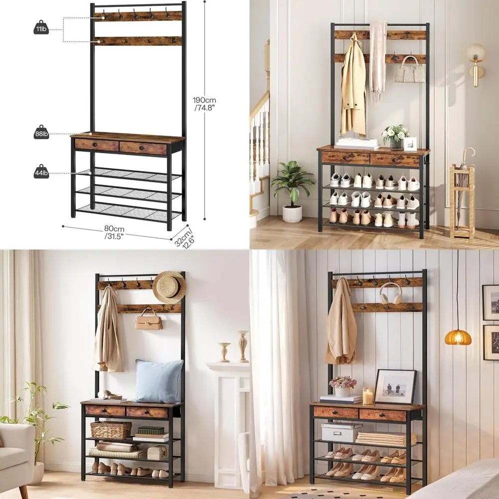 

Entryway Coat Rack with Shoe Storage, 2 Drawers, Bench, 4 Tier Organizer, 9 Hooks, Rustic Brown and Black