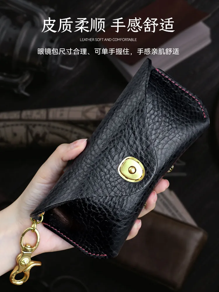 Manual Thickened Cow Leather Glasses Men and Women Top Layer Anti-Pressure Portable Lanyard Myopia Sunglasses Cover