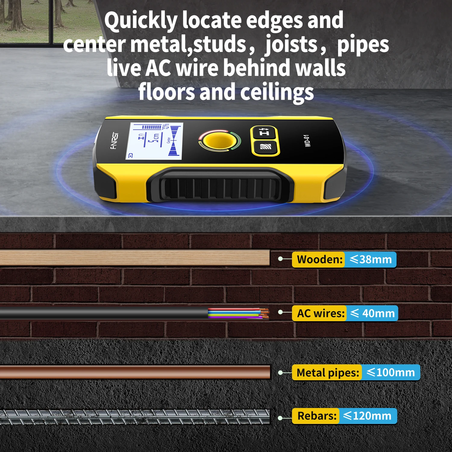 FNIRSI WD-01 WD-02 Metal Detector Wall Scanner with Newly Designed Positioning Hole for AC Live Cable Wires Metal Wood Stud Find