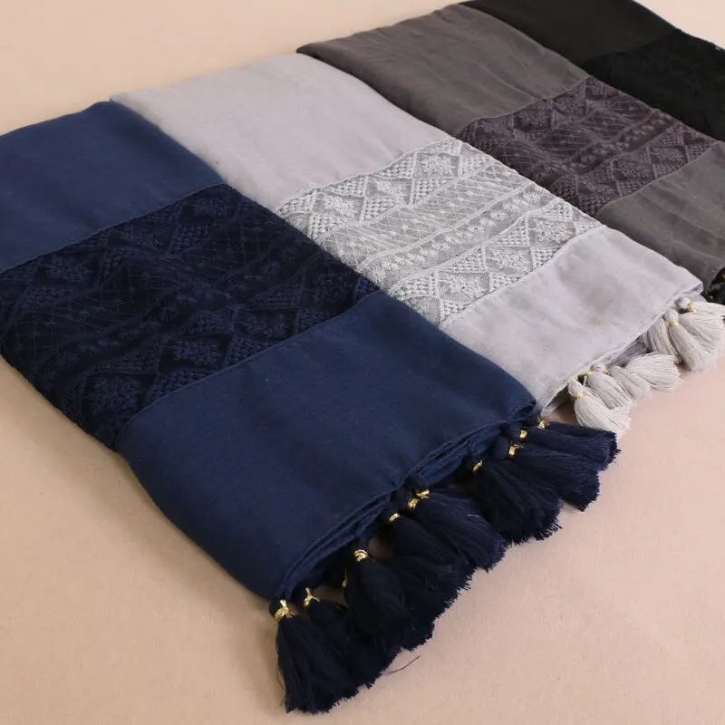 Elegant Lace Cotton Scarf With Tassel Shawl For Women Fashion Geometry Design Muslim Hijab Big Size Scarves 210*70cm