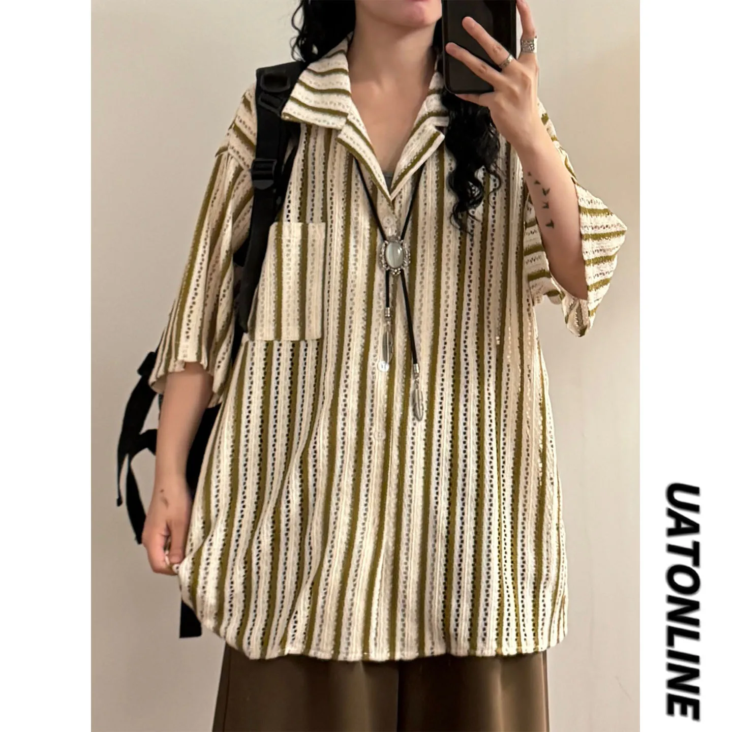 

UATONLINE2026 Summer Thin Cuban Collar Texture Hollow Stripe Short Sleeve Shirt Versatile Men Women Style Loose Fit Breathable