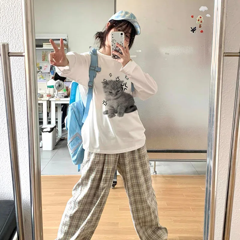Angry Cat Printed White Long Sleeve T-shirt for Women Autumn Fashion Street Bottom Shirt Casual Oversize Women Clothing Y2k