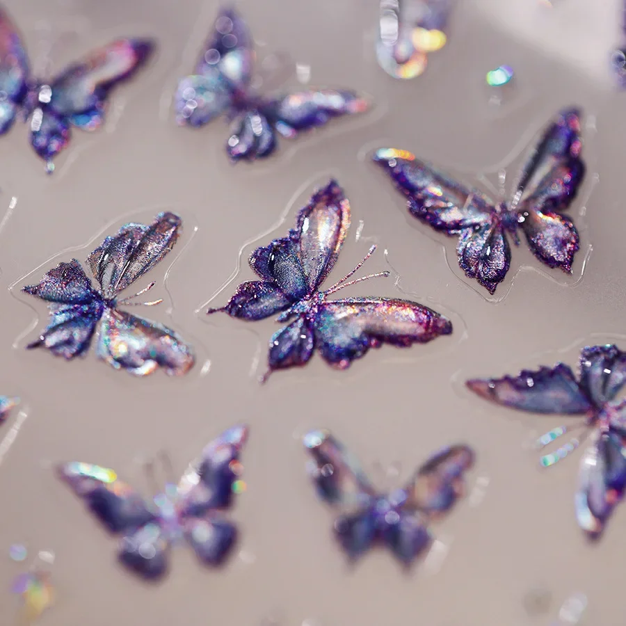 Glitter Purple Butterfly Stars 5D Jelly Self Adhesive Nail Art Decorations Stickers Illusion Polarized Manicure Decals Wholesale