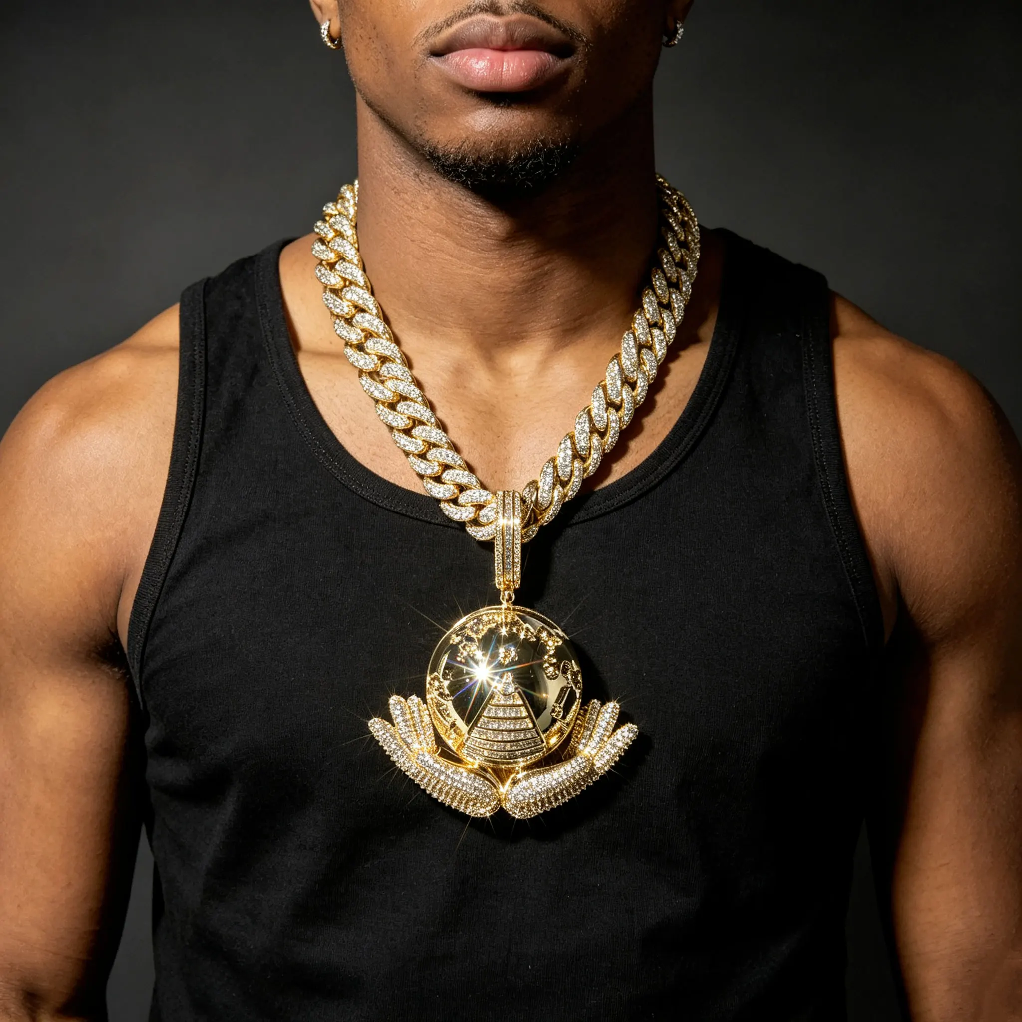Men Hip Hop Iced Out World Globe Pendant, Gold Tone Wing & Pyramid Design, Shiny Cubic Zirconia Full Paved Sphere Charm Necklace, Bling Bling Streetwear Jewelry for Rapper, Birthday Gift Hip-Hop Jewelry