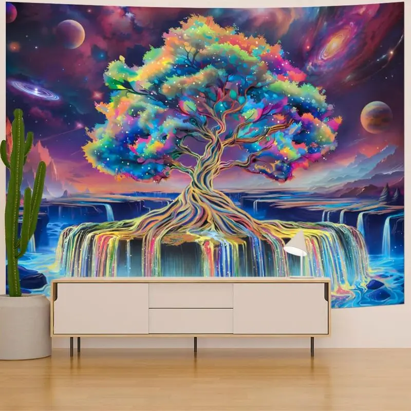 VIKAMA Multicolored Cosmic Tree Cascading Falls Fluorescent Tapestry UV Glow Surreal Wall Decor Home Accent Soft Durable Cozy