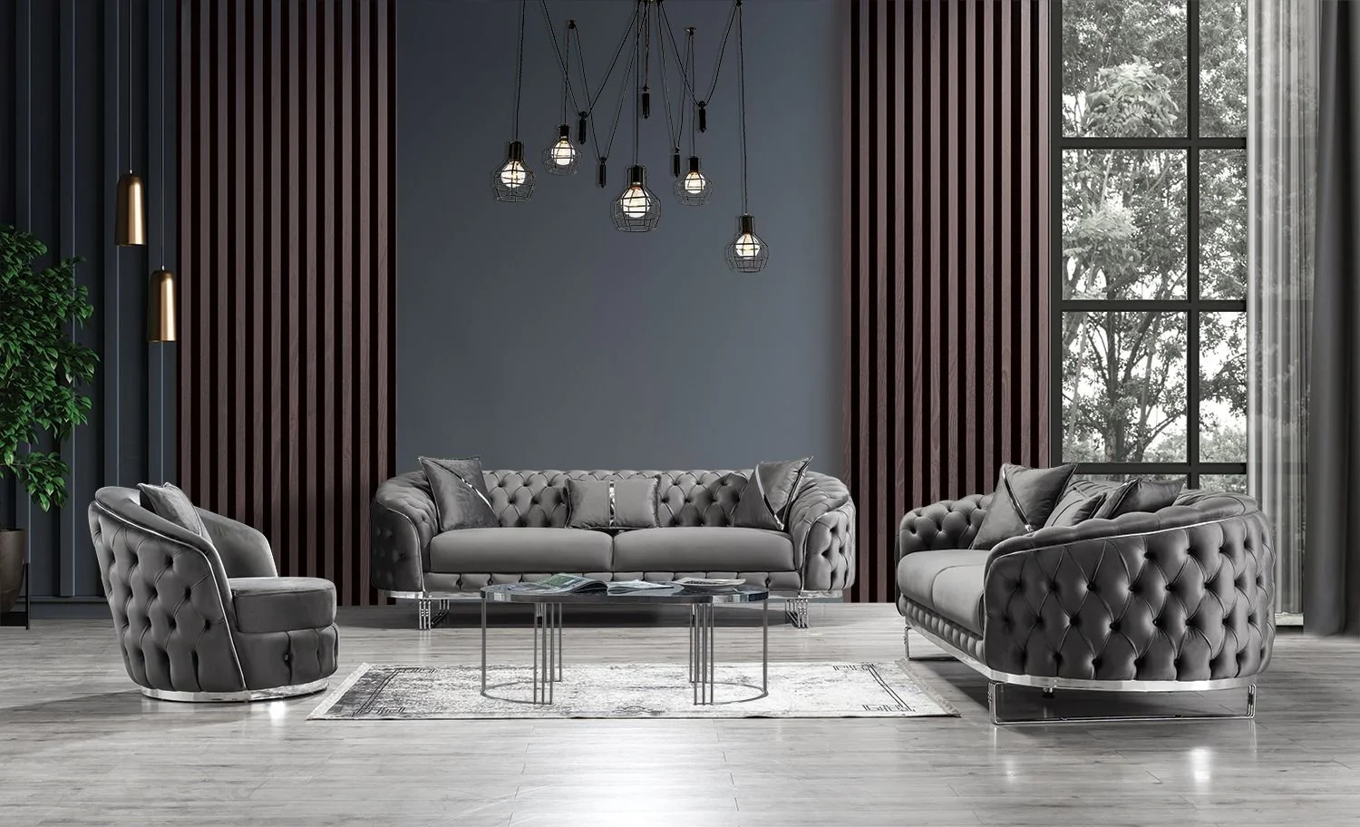 Luxury Modular Fabric Sofa Set Home Hotel Stainless Steel Velvet Button Tufted Upholstered Couch Sectional Living Room Sofas - view 2