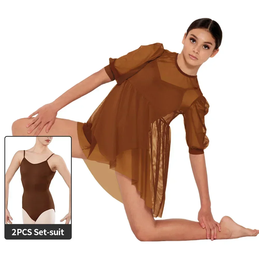 MiDee – robe nuisette en maille 2 pièces, avec justaucorps assorti, jupe pull, manches bouffantes, Costume de danse de Ballet lyrique moderne