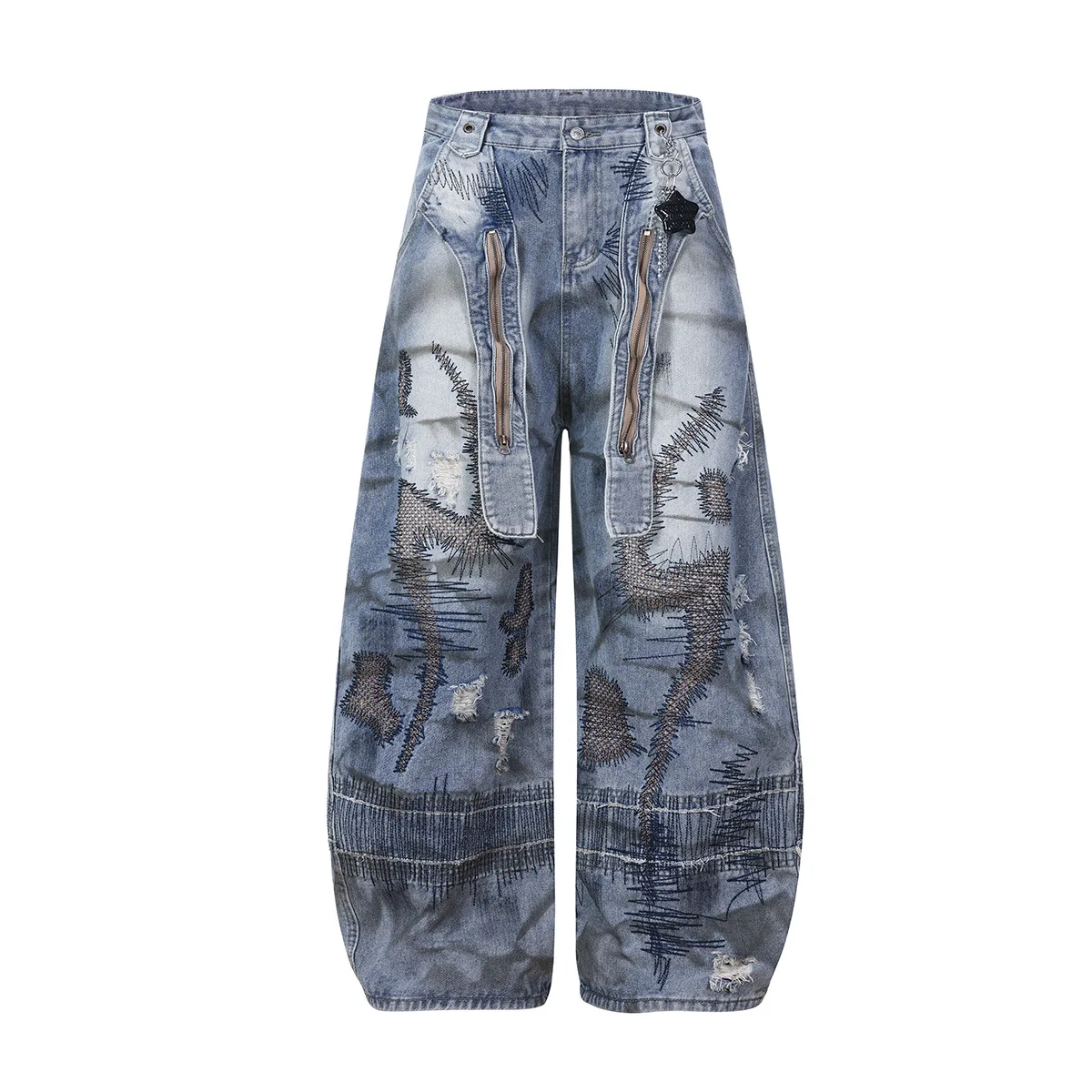 

Мужские модные джинсы свободного кроя с рваными элементами и пэчворком, в стиле High Street, с эффектом потертости, в стиле стритвир