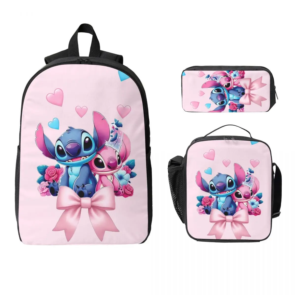 

Stitch And Angel Cartoon Backpack Student Boys Girls BookBag School Bag Laptop Shoulder Bags 3ps Insulated Lunch Bag Pencil Case