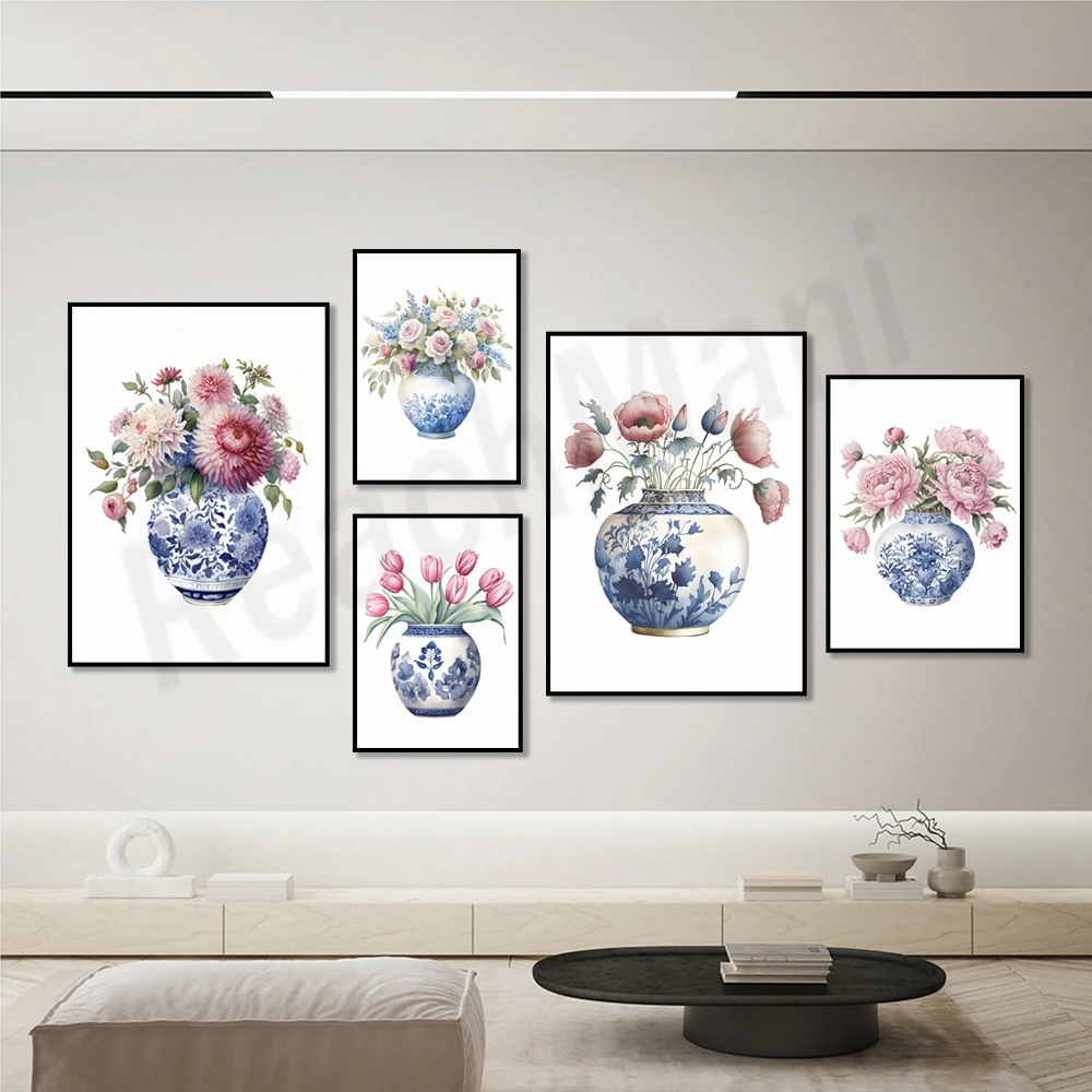 Watercolor peonies, dahlias, tulips, roses, blue and white delft flowers in chinoiserie vase, farmhouse cottage decor poster