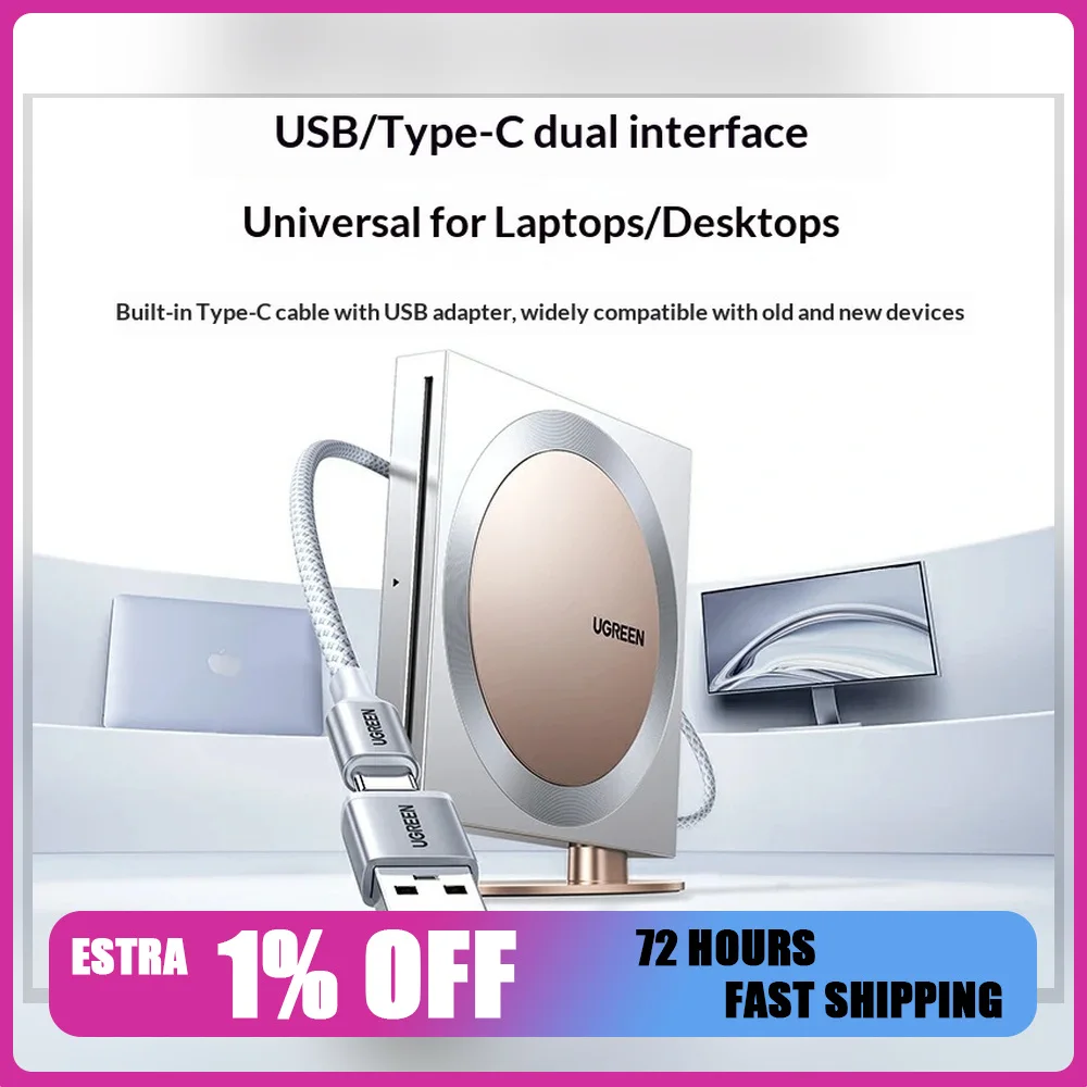UGREEN CM869 75507 External USB Type-C CD DVD Drive Slot-Loading Reader Writer for Laptop Desktop