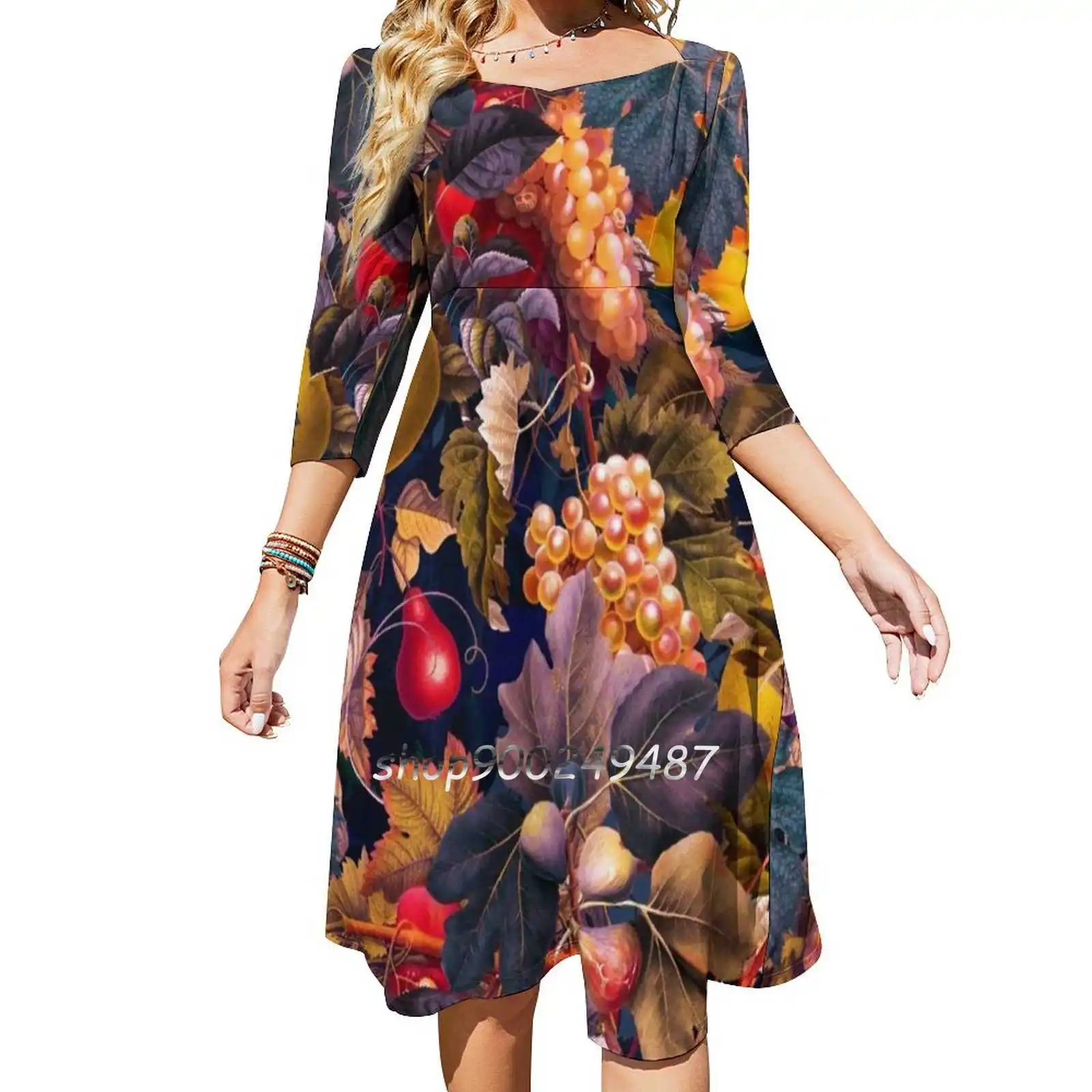 Vintage Fruit Pattern Vi Sweetheart Knot Flared Dress Fashion Design Large Size Loose Dress Tropical Garden Forest Jungle