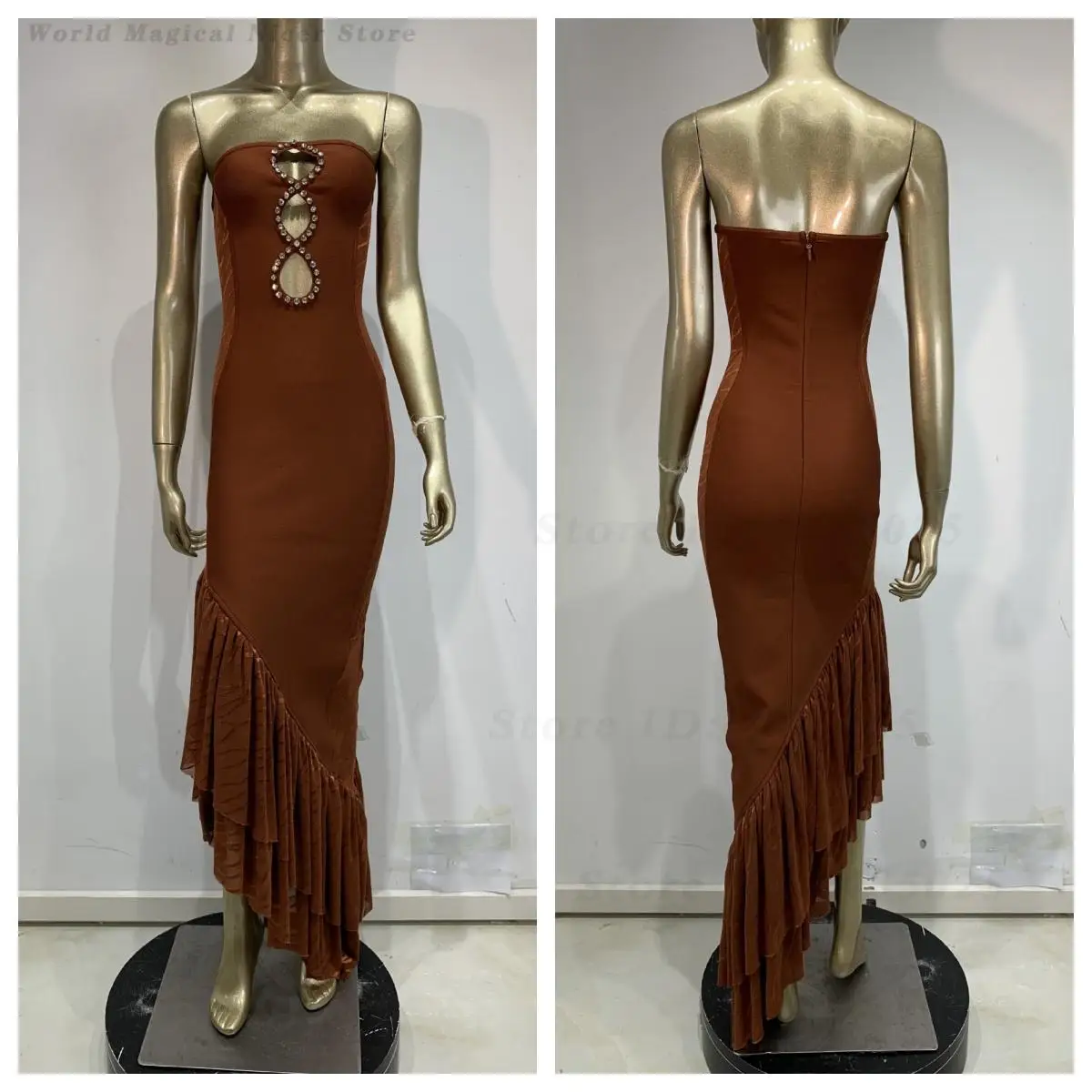 Women Arrival Brown Irregular Mesh Splicing Bandage Maxi Dress Sexy Bodycon European American Banquet Cocktail Birthday Party