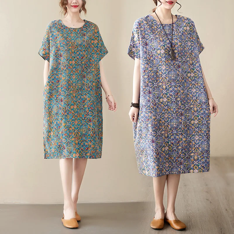 

Elegant Mid-Length Cotton Linen Women's Dress Knee-Covering Summer New Style plus Size Artistic Women's Dress Age-Defying