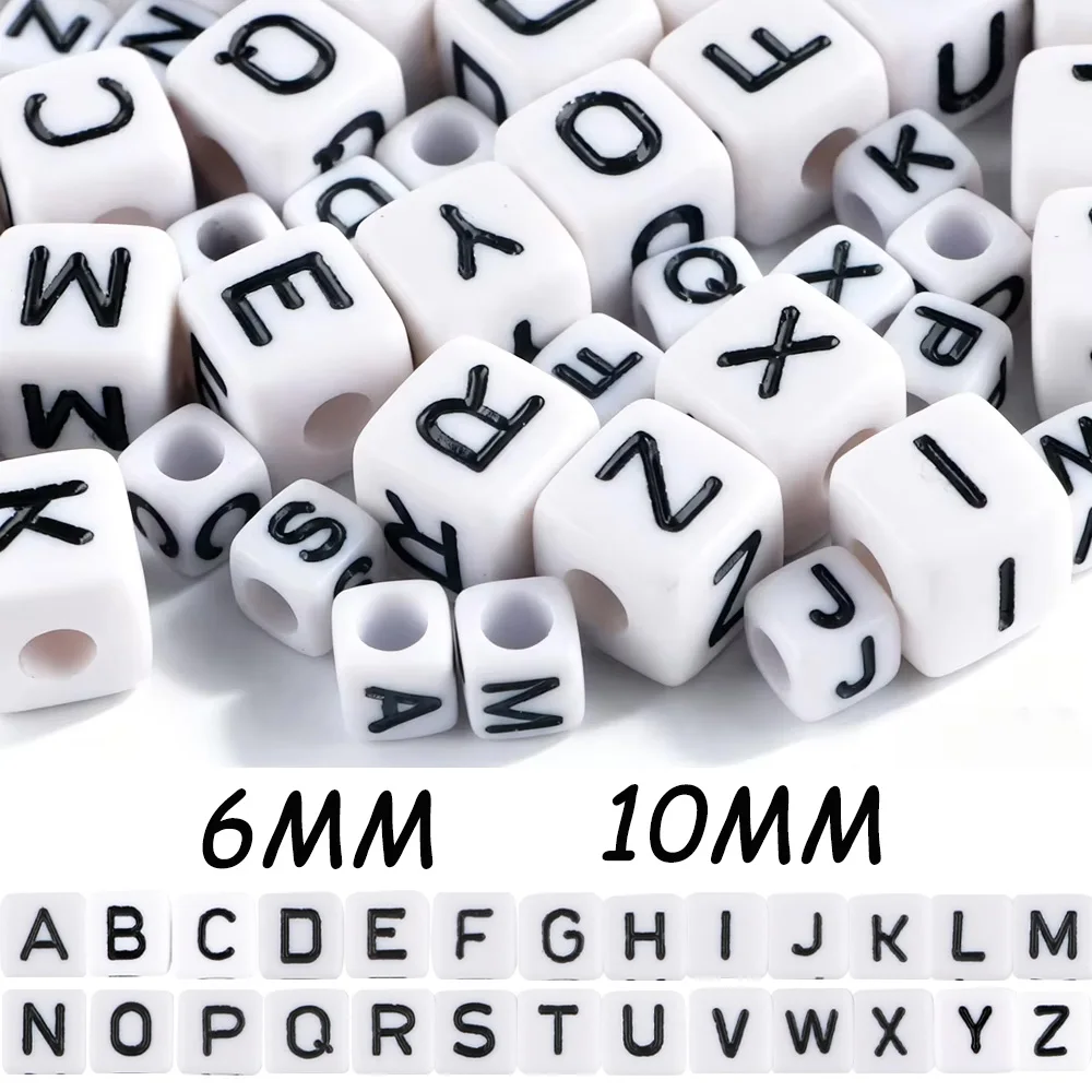 100-200Pcs White English Letter Beads 6*6MM 10*10MM Alphabet Acrylic Square Cube Loose Beads Accessories DIY for Jewelry Making