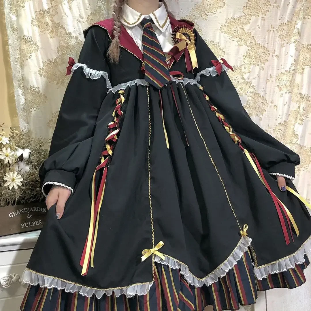 Coalfell-vestido de Lolita gótico japonés para mujer, Vintage, negro, vestidos de cintura alta para niñas, disfraz de Cosplay