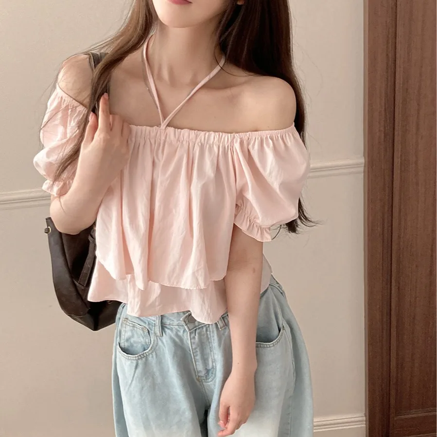 

Корейская двухслойная блузка Bubble Sve Chic Sweet ort Sve, искусственный двухсекционный топ с рюшами по подолу и квадратным галстуком для женщин