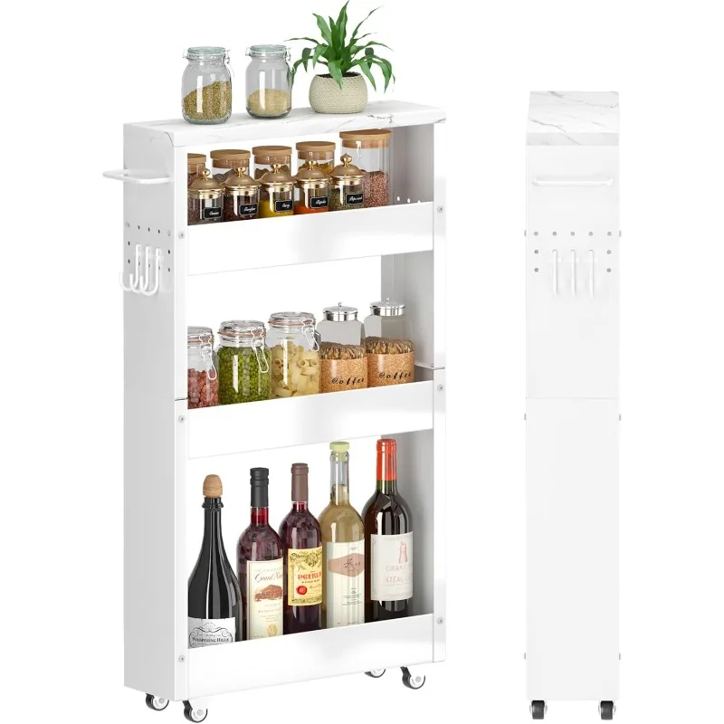 

Slim Storage Cart, 5 in Width, White Rolling Cart with Handle & Wooden Top for Kitchen Bathroom Laundry Narrow Places