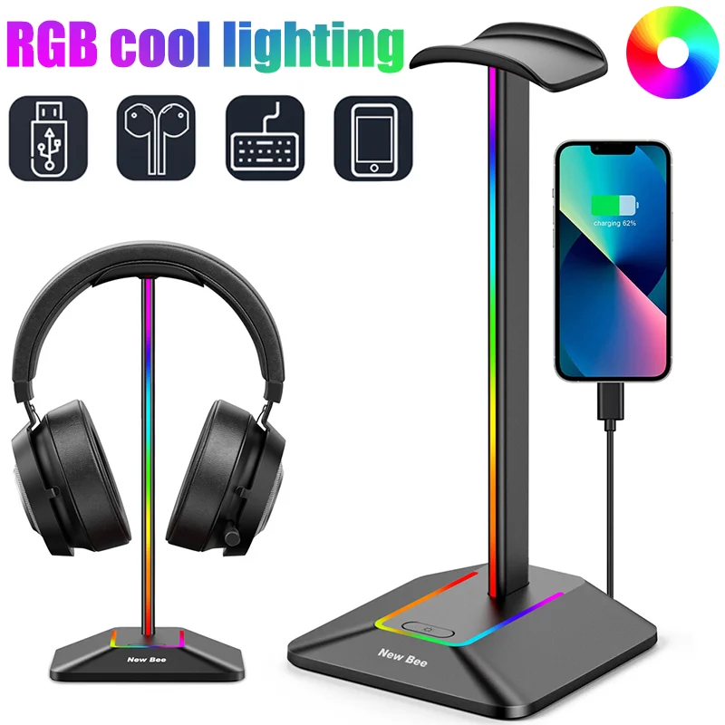 

RGB Light Gaming Headphone Stand with Type-c USB Ports Holder Desk Gamer Headset Hanger Earphone PC Accessories Earbuds Rack New