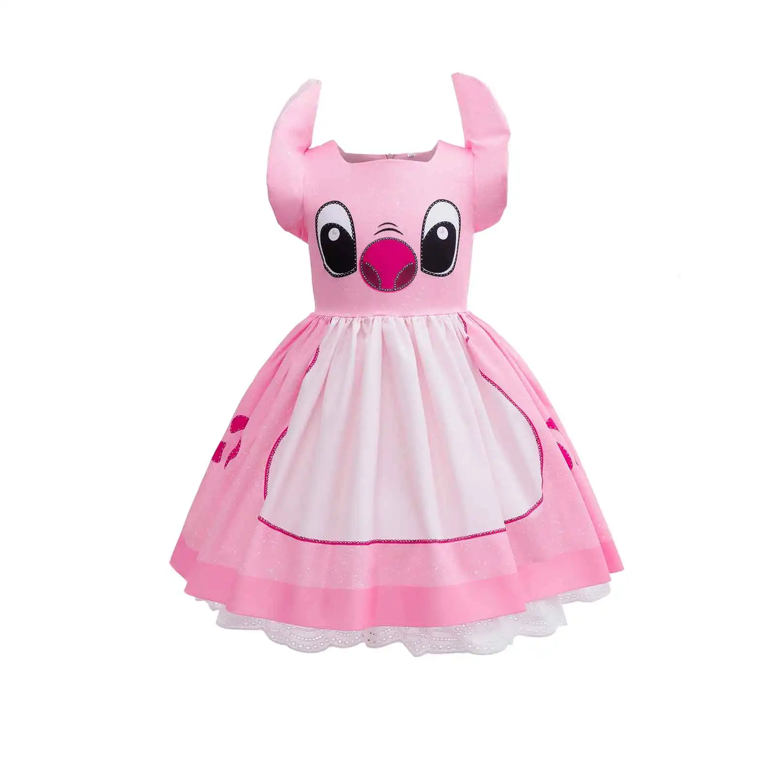 Kids Pink Cartoon Print Fancy Dress Up Interstellar Alien Animal Cosplay Costume Halloween Carnival Ohana Party Role Play Outfit