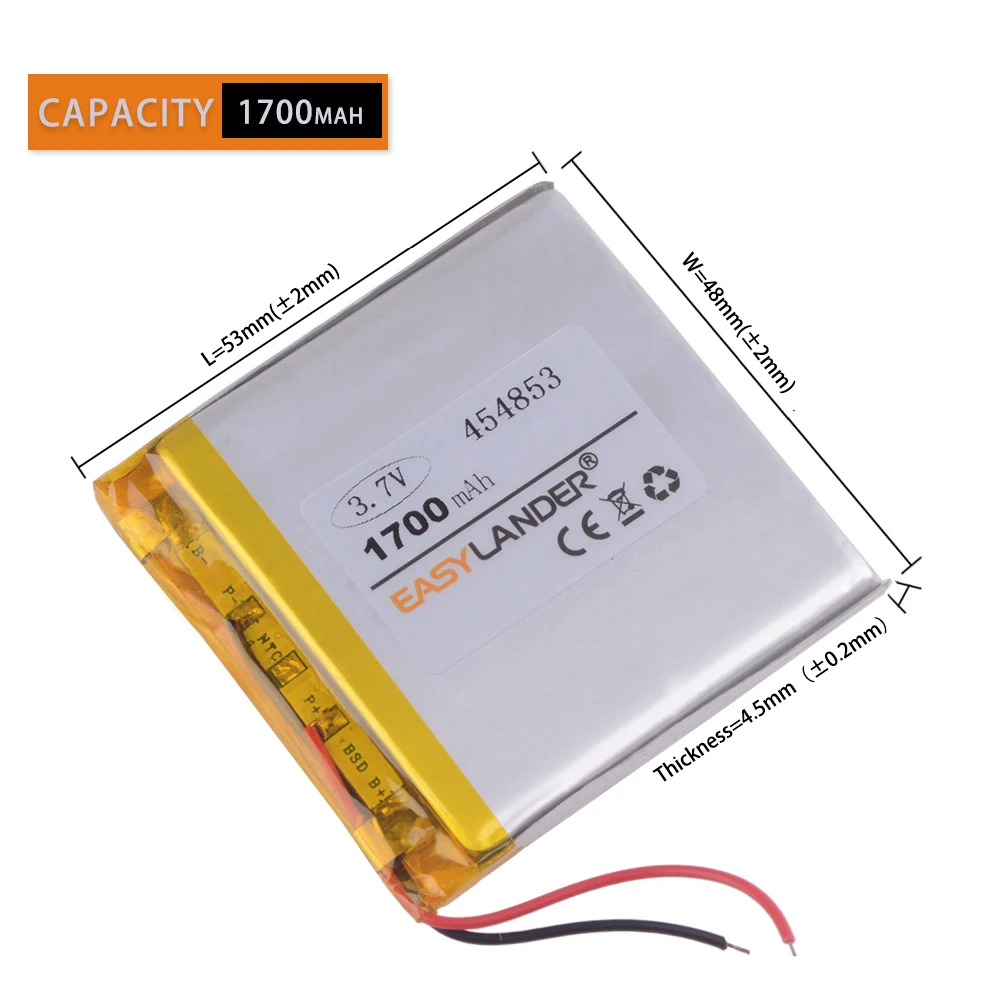 3.7V 454853 1700mAh Rechargeable Lithium Li-ion Li Polymer Battery For GPS navigation console MP3 playmer navigator