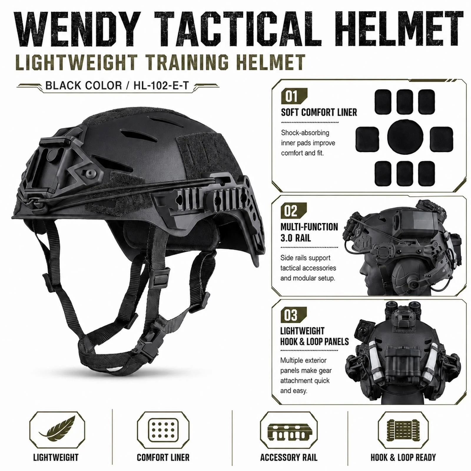 Tactical Helmet Set with Noise Reduction Headset NVG Prop Signal Light Face Mask Adjustable Comfort Liner for Cosplay Field Game