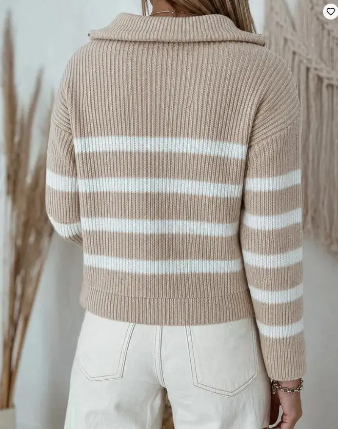 Women's Half Zip Striped Sweater 2026 Spring Autumn New Colorblock Turn-Down Collar Knit Pullover Drop Shoulder Loose Fit Top