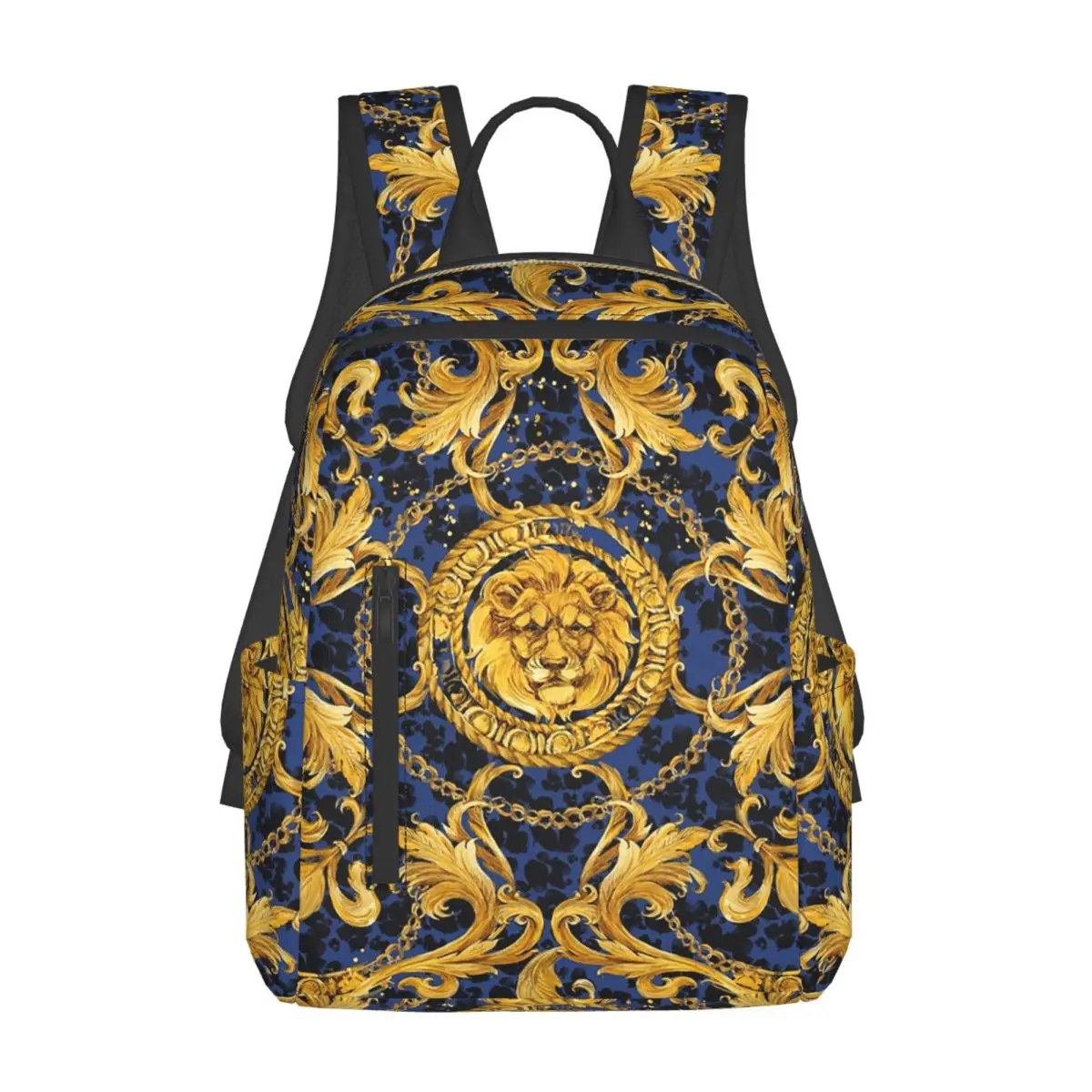 

Golden Lion Baroque And Damask Ornament Backpack Daypack Large Capacity Kids BookBag School Bag Shoulder Bags for Men Women