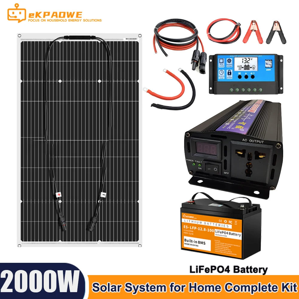 sistema solar para casa kit completo com 100w 200 400 painel solar 30a controlador de carga 220v inversor 1280wh lfp bateria 2000w 01