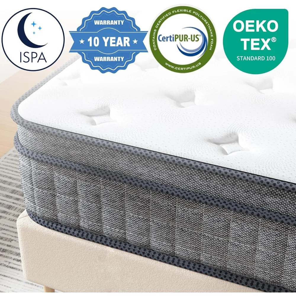 Colchón Queen híbrido de firmeza media de 14 pulgadas, espuma viscoelástica con resortes de bolsillo, soporte de fibra de vidrio, solución cómoda para dormir