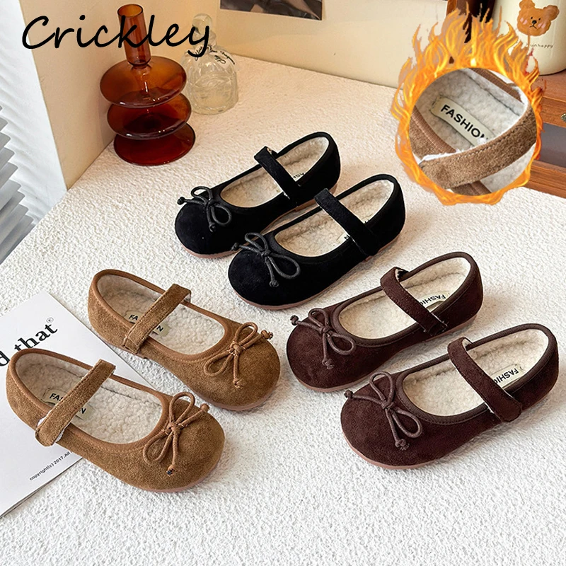 

Bow Solid Girls Flats Shoes Winter Plush Warm Toddler Kids Princess Shoes Princess PU Hook Loop Non Slip Children Mary Janes