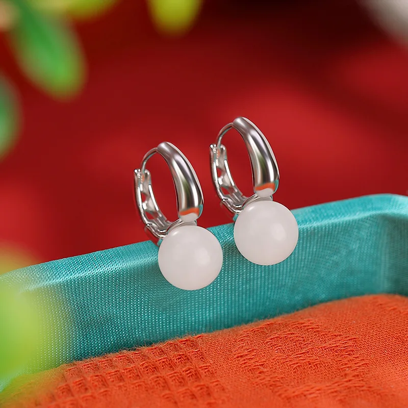 

S925 Sterling Hetian White Jade Fashion Geometric Round Bead Earrings Silver Ear Clips