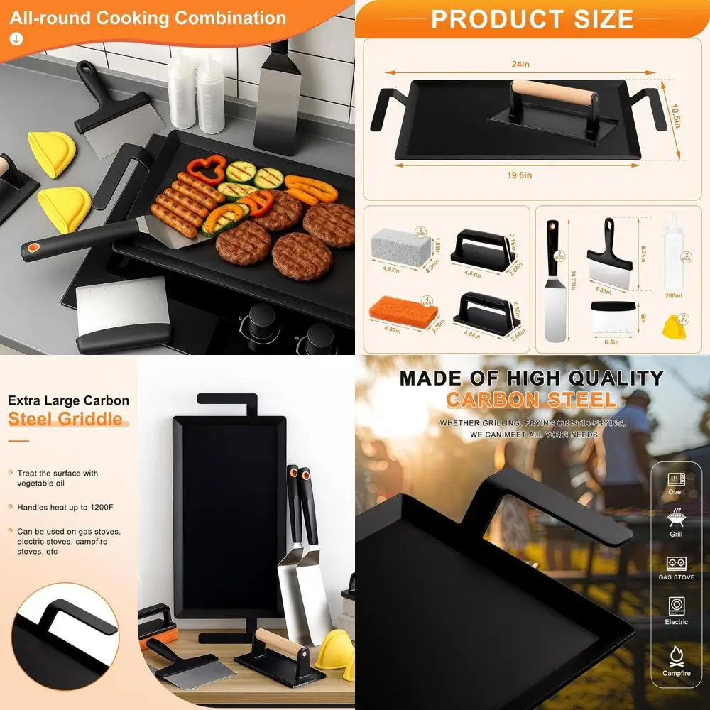

24 x 10 Pre-Seasoned Carbon Steel Griddle with Cleaning Kit and Spatula Set for Gas Grills and Ovens