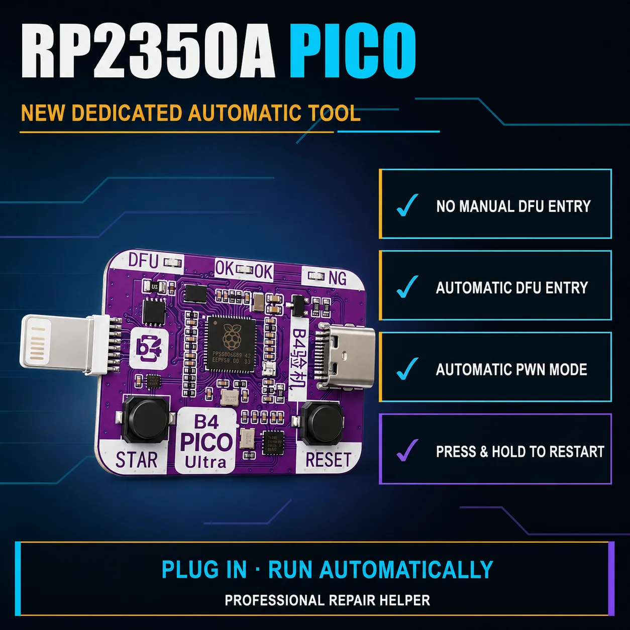 B4 PIC0 DFU RP2350A DFU Engineering Box Dedicated Automatic For IPhxne XR-11PM IPad One Click Entry Into DFU Restart Data Mode