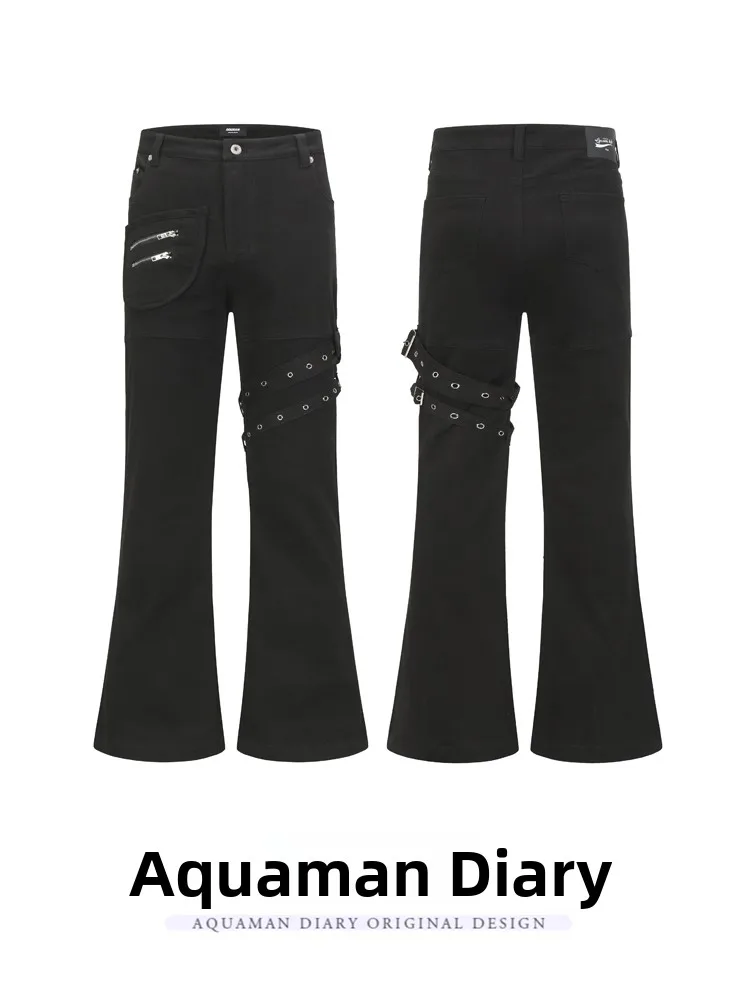

American Style Slim Fit Men's Jeans Belted High Street Vintage Black Casual Design Thinming Trousers for Teens And Adults