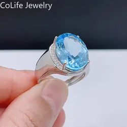 Pure Sky Blue Topaz Ring for Man 10ct 12mm*16mm Natural Topaz Man Jewelry Fashion 925 Silver Gemstone Jewelry