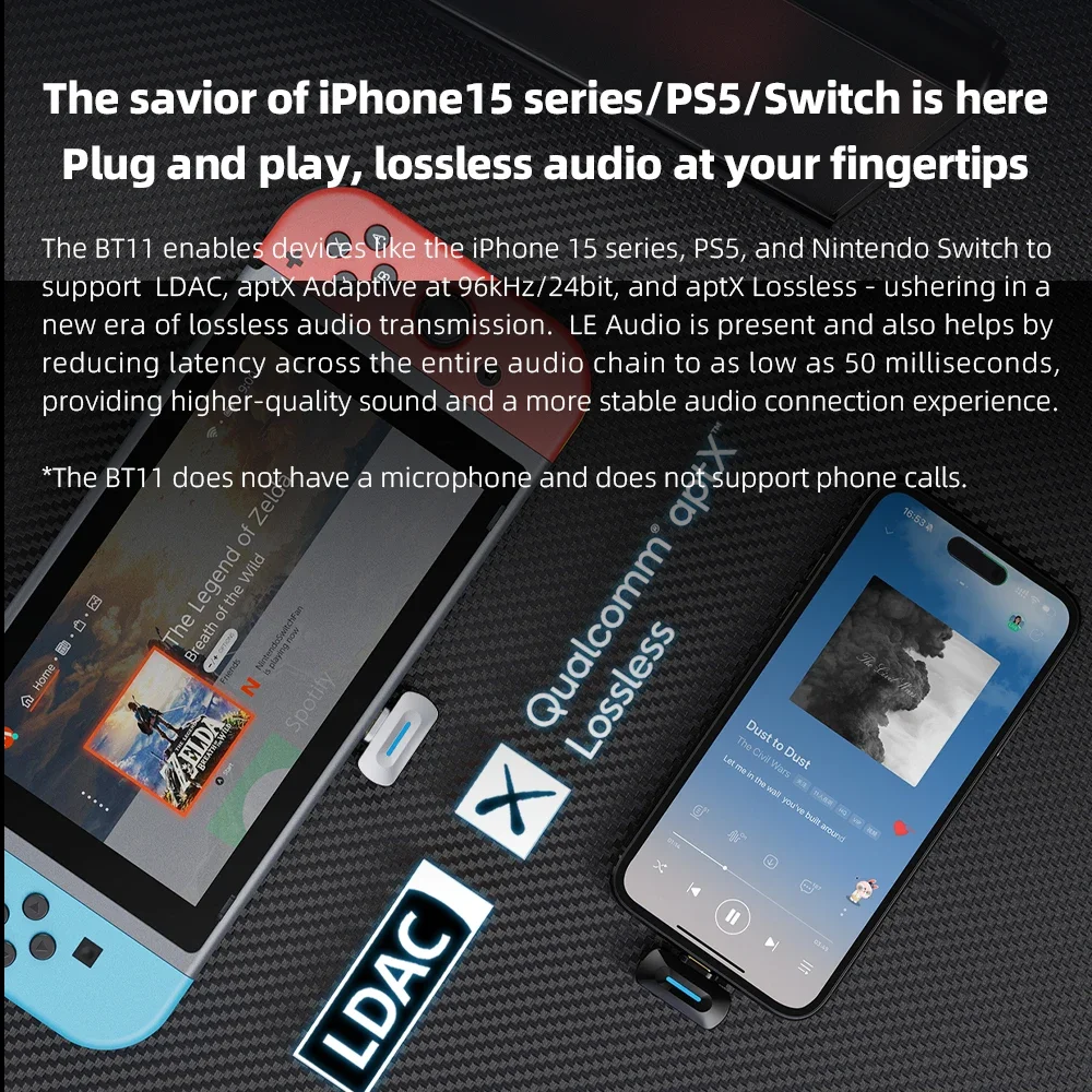 FiiO BT11 LDAC Transmitter Bluetooth 5.4 Type-C Transmitter for Mobile / Game Player to Wireless Headphone Support LDAC/AptX