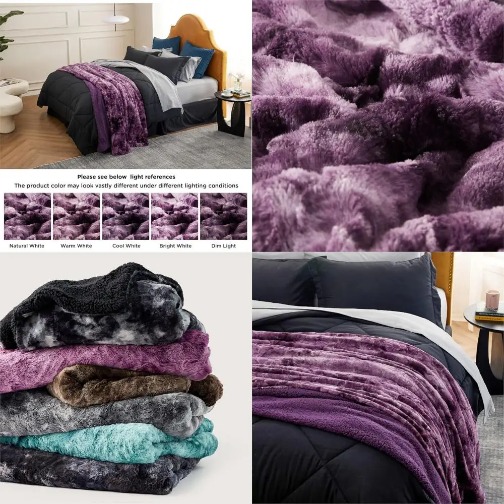 

King Size Tie Dye Fleece Blanket - Plush, Fuzzy Faux Fur, Warm & Cozy for Women, Ideal Christmas Gift, Purple, 108x90 Inches