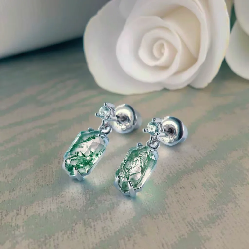 

Современные серьги-гвоздики с шестигранной огранкой из мохового агата, белое золото, серьги-гвоздики с откидной спинкой для юбилейной вечеринки