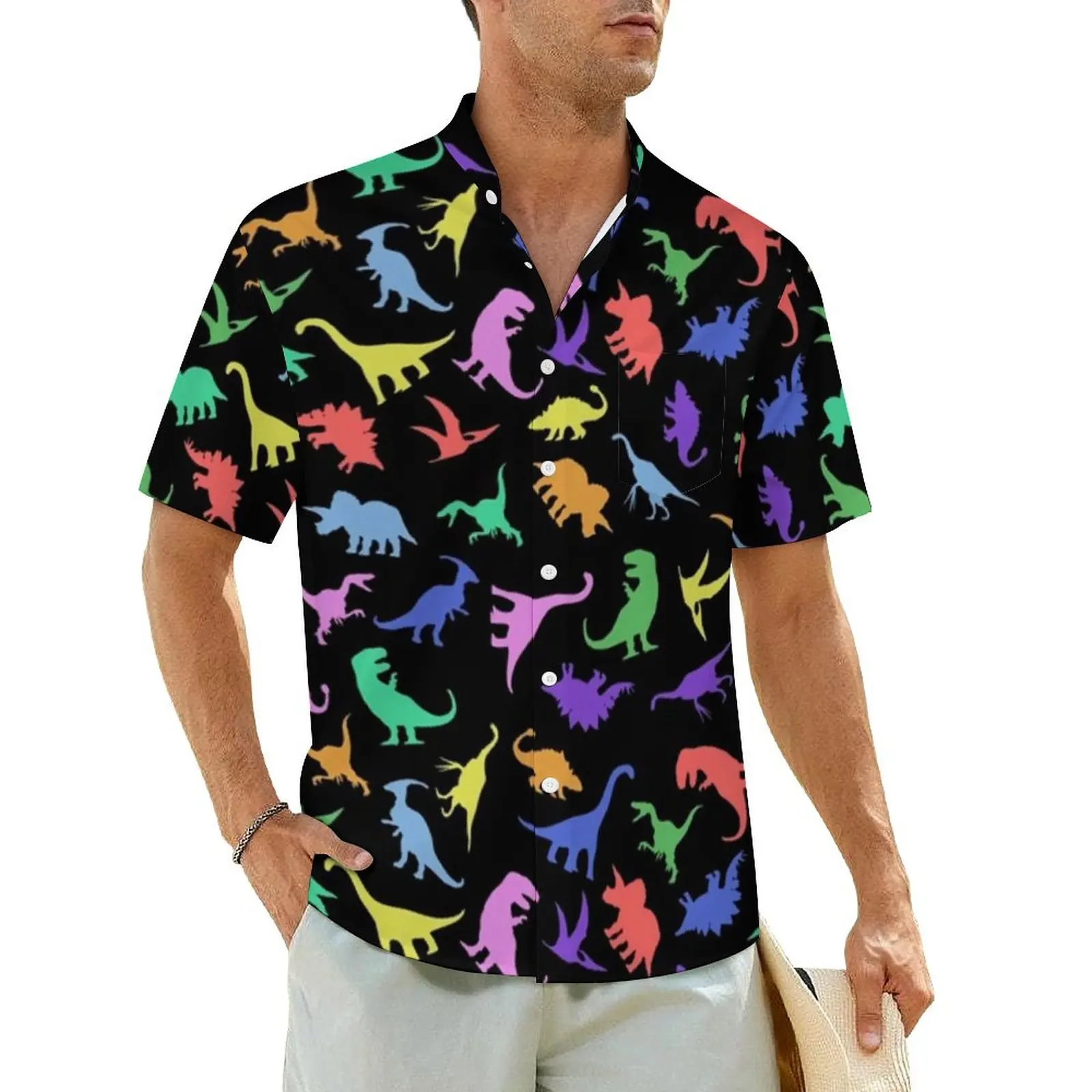 

Funny Dinosaurs Hawaiian Shirt For Male Beach Colorful Animal Print Casual Shirts Short Sleeve Fashion Trendy Plus Size Blouses