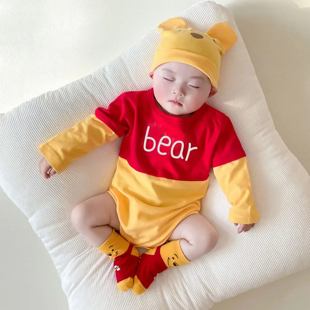 

Boys Newborn Baby Rompers Sock Hat 3pcs Set Spring Cartoon Mickey Mouse Pooh Girls Jumpsuit Infant Costume Long Sleeve Bodysuits
