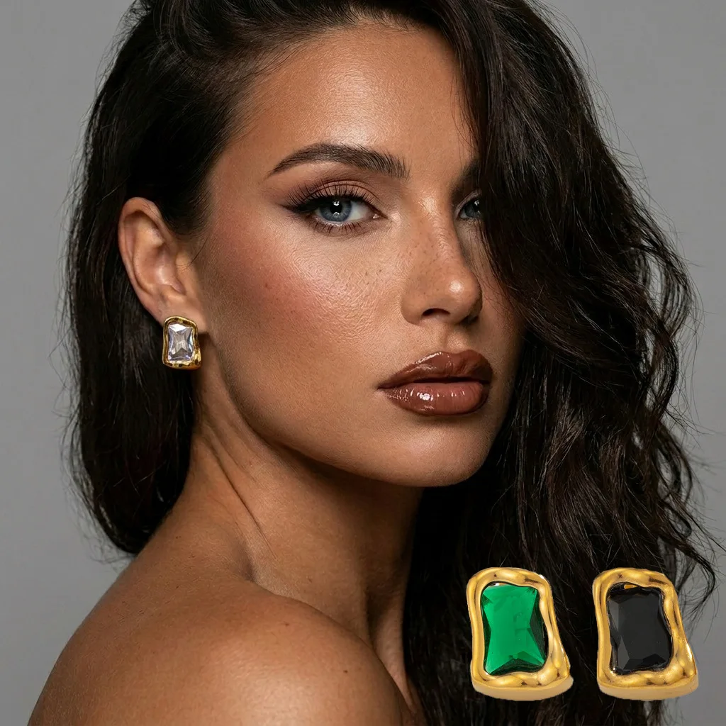 Earring Stainless Steel Irregular Geometric Multicolor Gemstone Bezel Vintage Premium Durable Comfortable Jewelry for Women