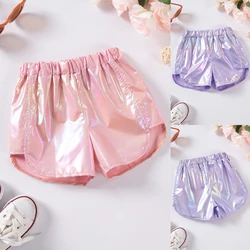 2pcs Girls Fashion Shorts Children's Clothing Dazzle Kid's Clothes Polyester Fabric Solid Color Sweatpants Elastic Waist