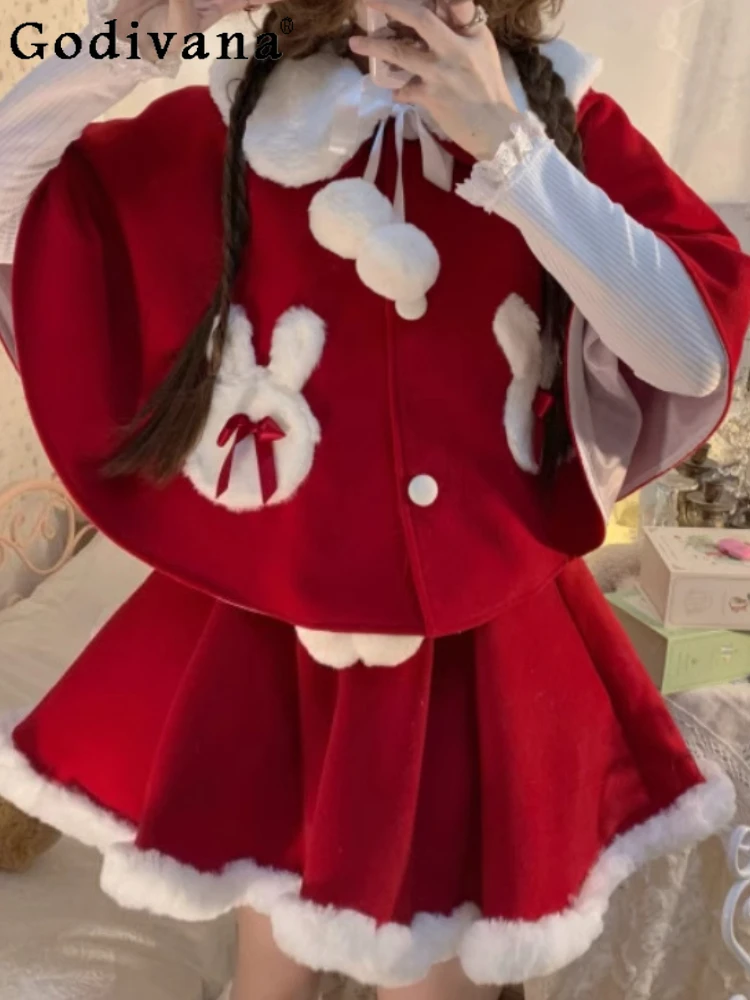 

Autumn Winter Lolita Fashion Loose Versatile Age Reduction Red Sweet Lolita Cloak Cute Girls High Waist A-line Loose Short Skirt