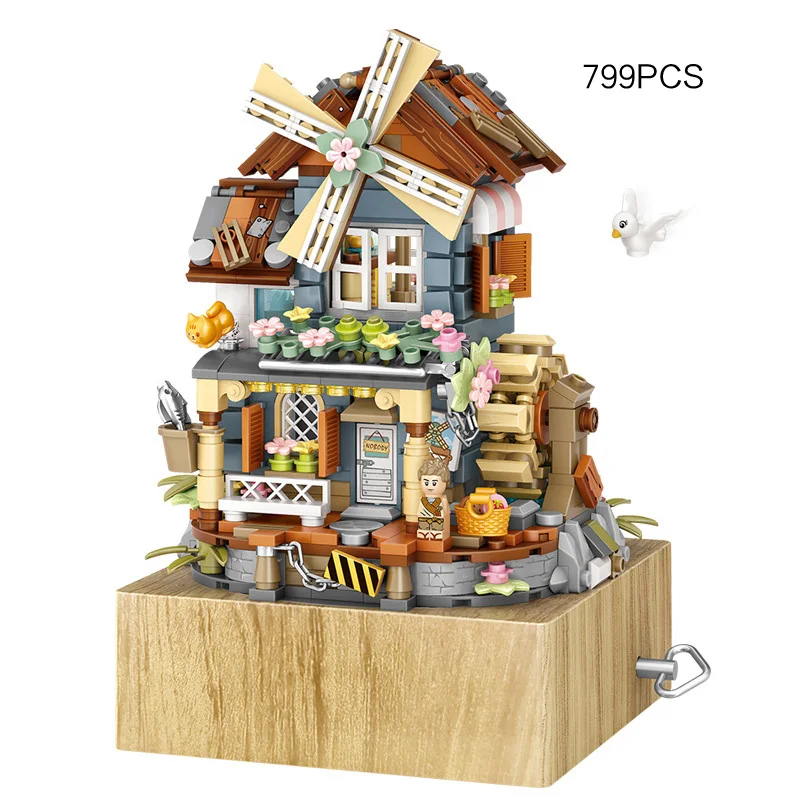 Ville créative vue sur la rue moulin à vent maison Mini bloc boîte à musique assemblage construction brique figurines jouets éducatifs Collection