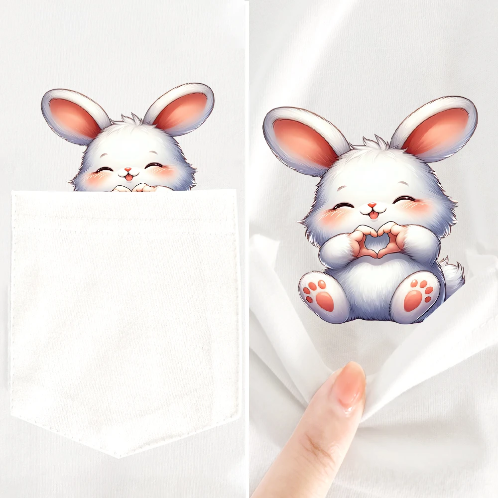 CLOOCL-T-shirt à manches courtes pour femme, vêtement en coton, joli lapin, main, cœur, geste imprimé, poche, hip hop