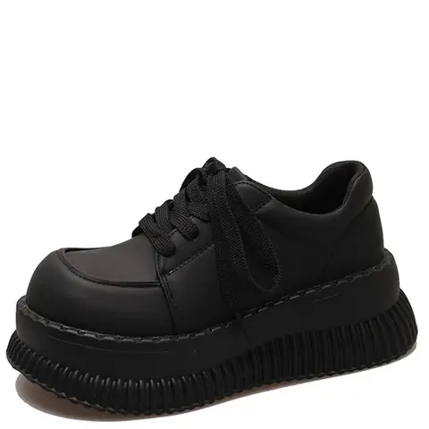 Svarta grova platåskor i läder för kvinnor 2025 höstplattor med tjock botten och snörning i Lolita-skor för kvinnor 10 best sales loafer kvinna - №10