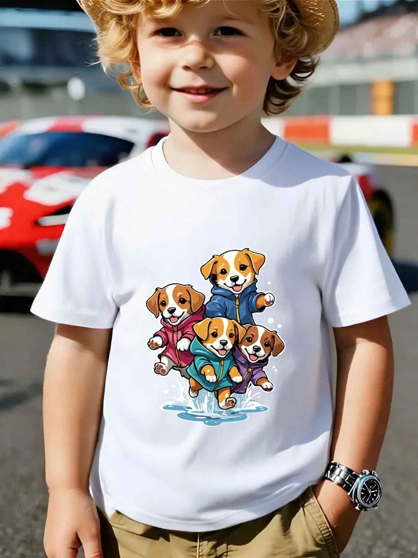 Lovely Happy Running Puppy Animal Cartoon Graphic Family Matching T Shirts Boys Girls Parent Child Daily Wear Cotton Tops